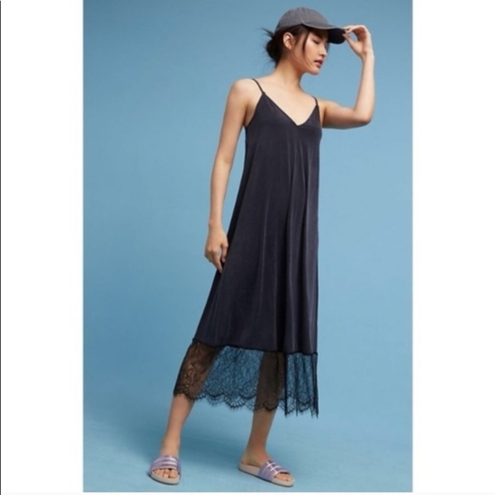 Anthropologie Eri+Ali slinky black slip dress with lace hem